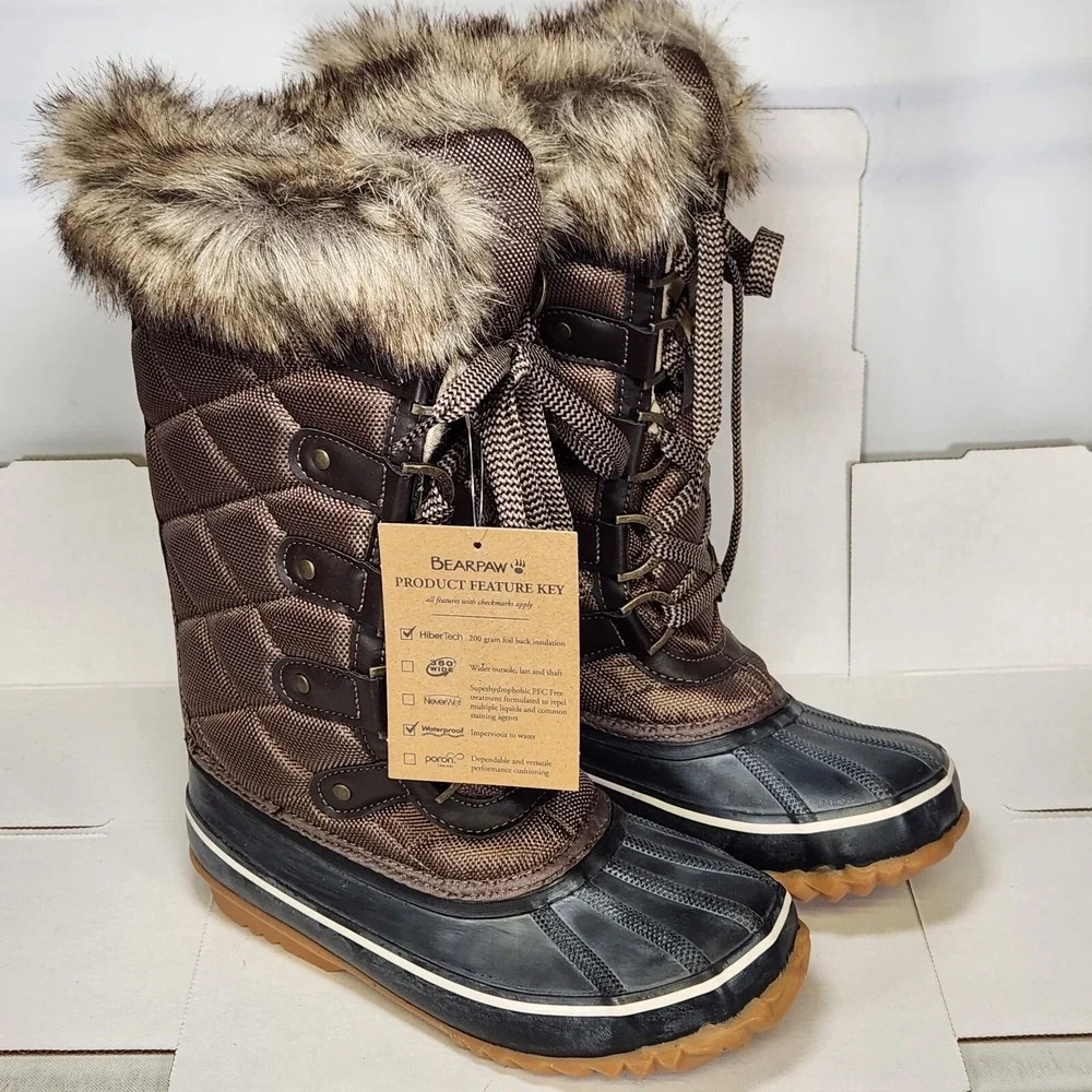 Bearpaw McKinley Boots Women Size 5 Brown Waterproof Insulated Winter Faux Fur